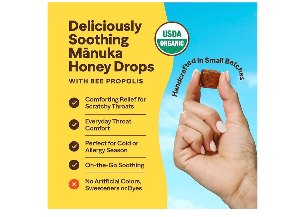 Wedderspoon Organic Manuka Honey Drops, Lemon & Bee Propolis, 20 Count. Best Before July 2027.