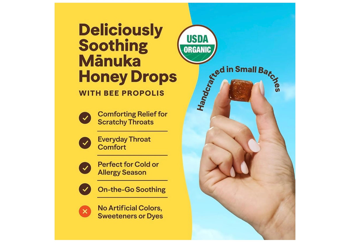 Wedderspoon Organic Manuka Honey Drops, Lemon & Bee Propolis, 20 Count. Best Before July 2027.