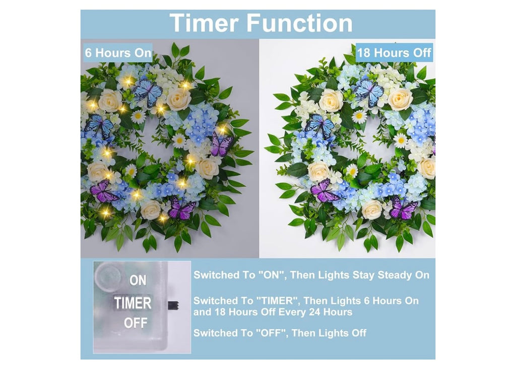 Lighted 24” Spring summer wreath for front door.