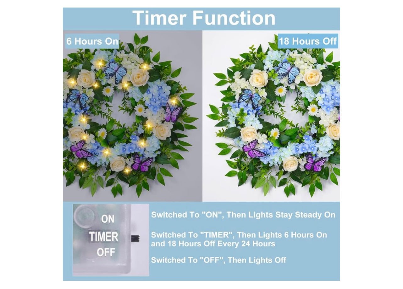 Lighted 24” Spring summer wreath for front door.