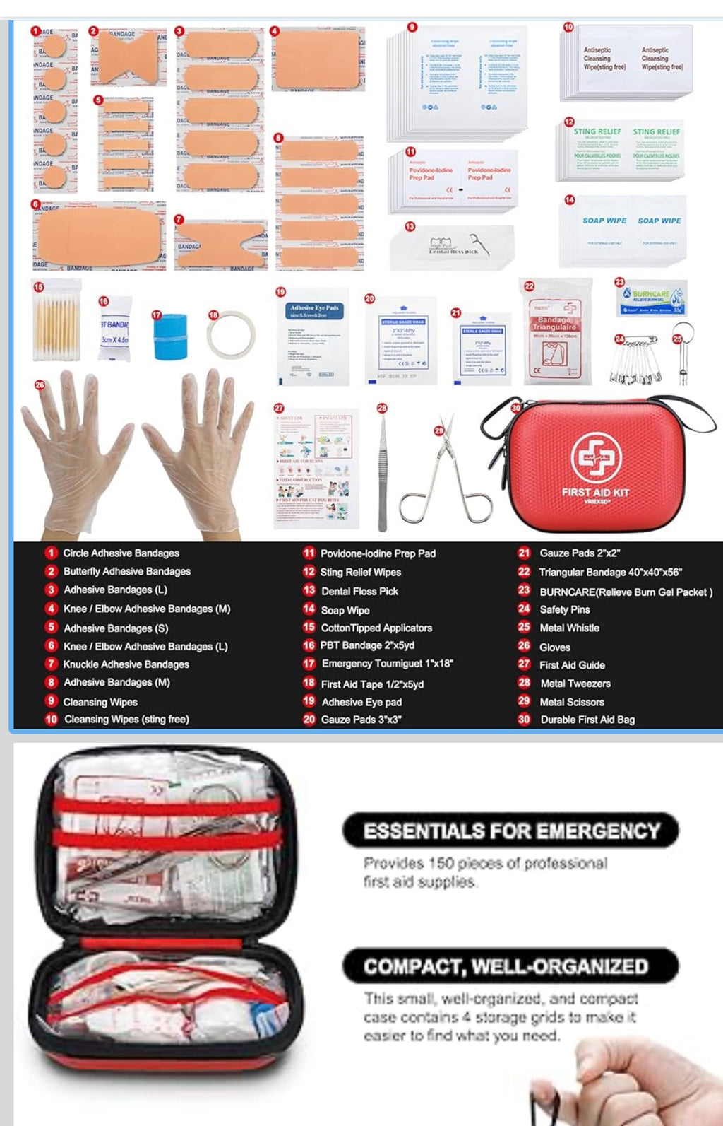 Mini First Aid Kit - 150 Piece Small Waterproof Hard Shell Medical Kit for Home, Car, Travel, Camping, Truck, Hiking, Sports, Office, Vehicle & Outdoor Emergencies- Small First Aid Medical Kit (Red)