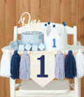 1st Birthday Decoration Blue And White High Chair Banner For Boy No.1 Crown Cake Topper First Birthday Party Decorations