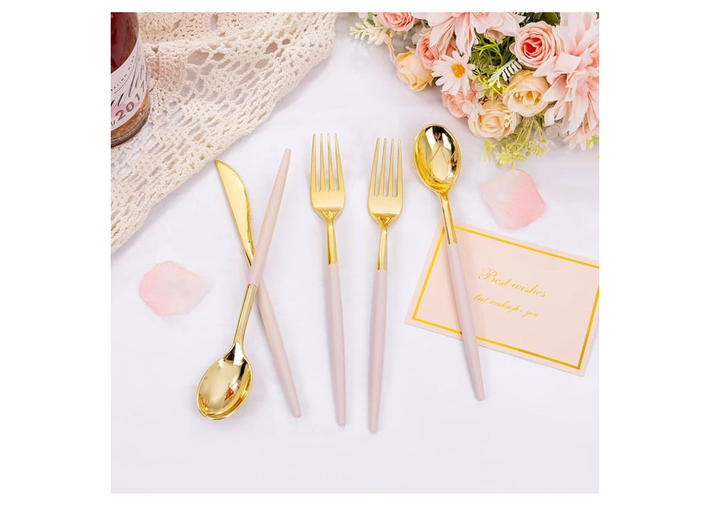 SUT 160pcs Gold and Pink Plastic Silverware.
