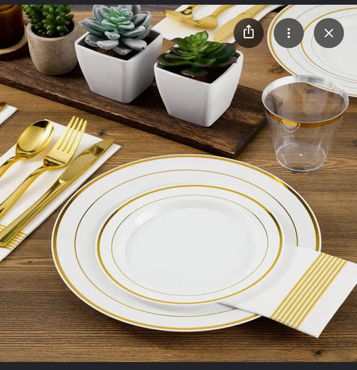 102 piece gold rim plastic plate set.