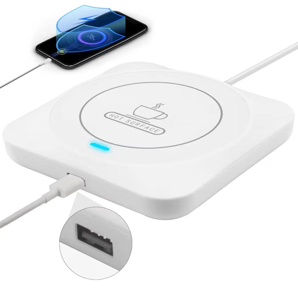 USB Coffee Mug Warmer: Candle Wax Warmer Smart Electric Cup Warmer Charge for Phone Home Desk Office Use Beverage Heating Plate with Gravity Switch for Hot Cocoa Milk Tea Water White