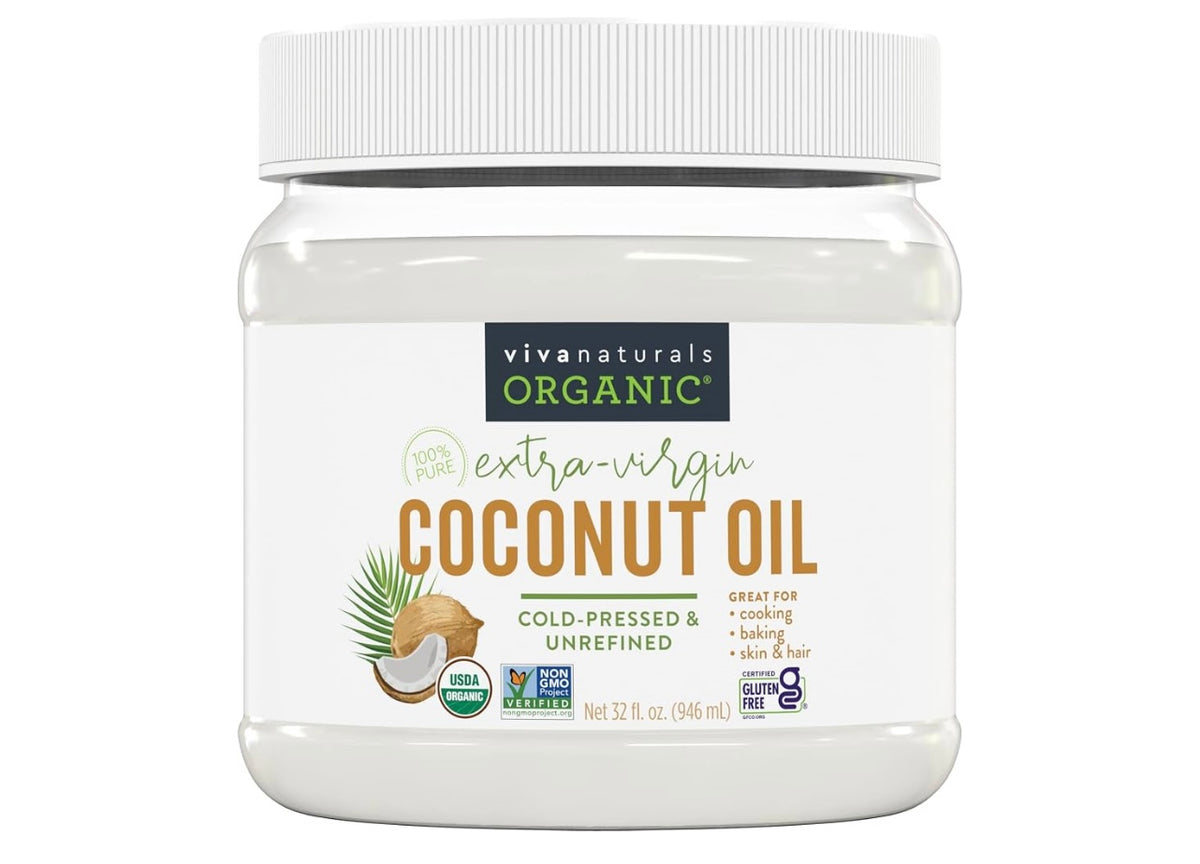 Viva Naturals Organic Coconut Oil, 32 fl oz – Unrefined, Cold-Pressed Extra Virgin Coconut Oil, USDA Organic & Non-GMO, Natural Cooking Oil, Hair Oil & Skin Oil. Best by June 2027.