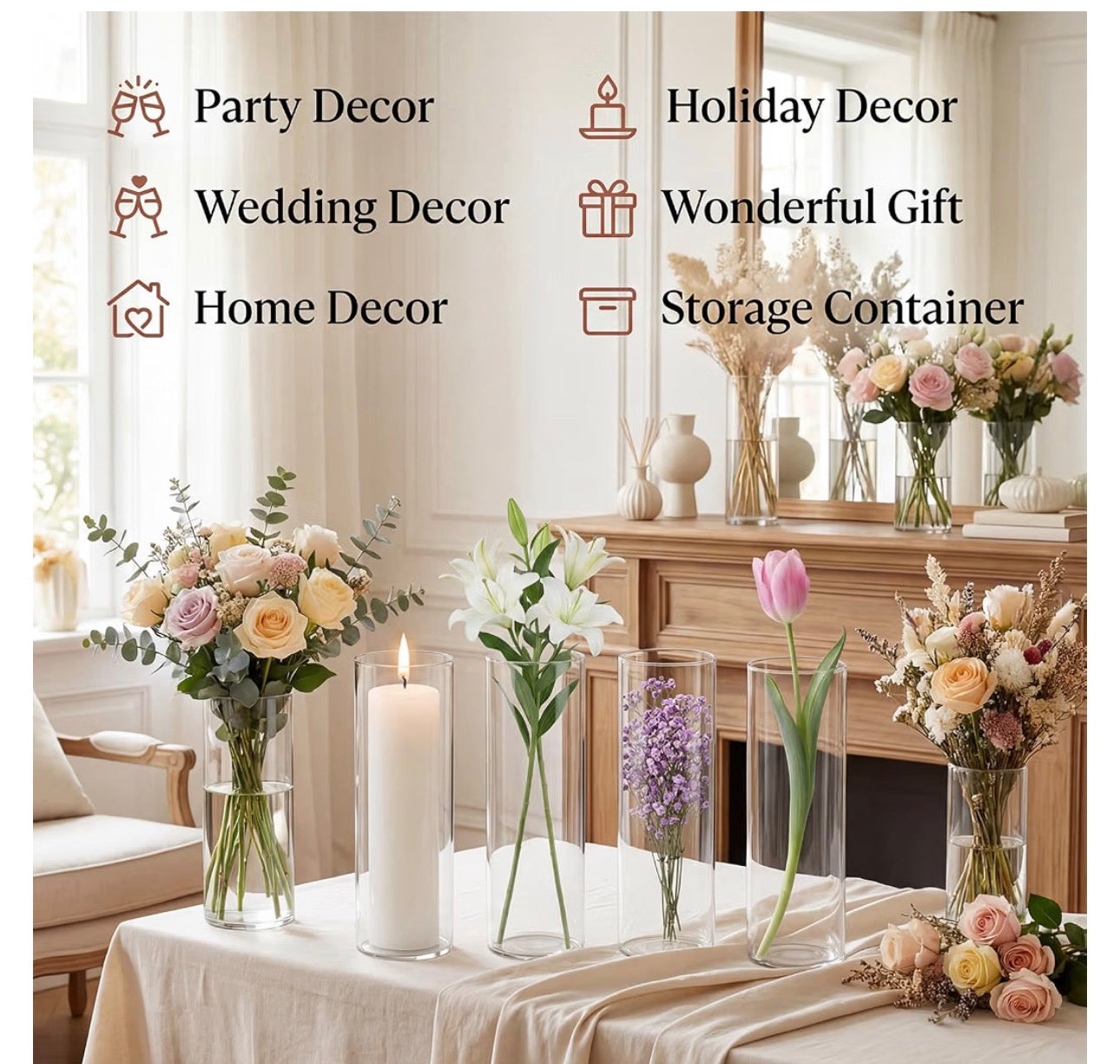 16 Pack Clear Glass Bud Vases, Cylinder Flower Vases, Vases for Centerpieces Table Decor, Mini Vase Set for Wedding Party, Floating Candle Holder, 7.7 in Tall