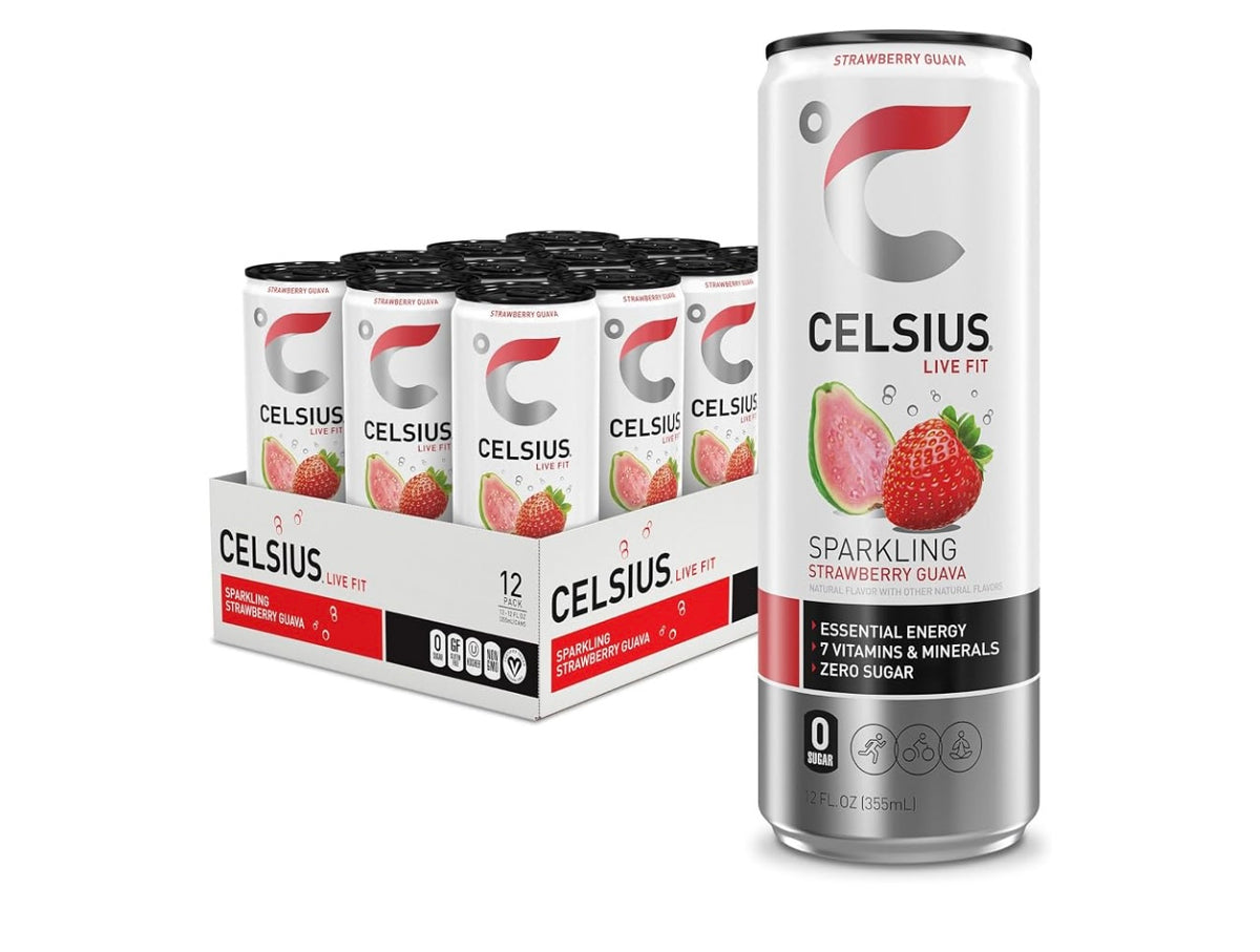 CELSIUS Sparkling Strawberry Guava, Functional Essential Energy Drink 12 Fl Oz (Pack of 12).