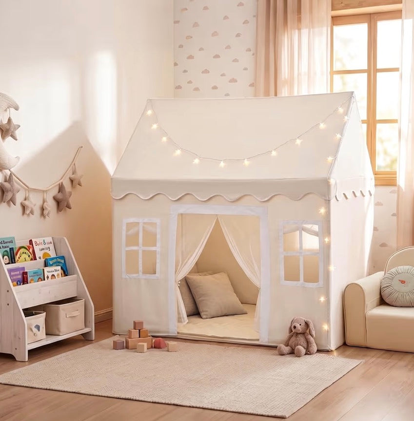 Tiny Land Play Tent with Padded Mat & LED Lights, Kids Tent, Playhouse for Kids, Indoor Bed Tent for Toddler, Toys for 3,4,5,6-Year-Old Girls, Neutral Color Play Room Furniture