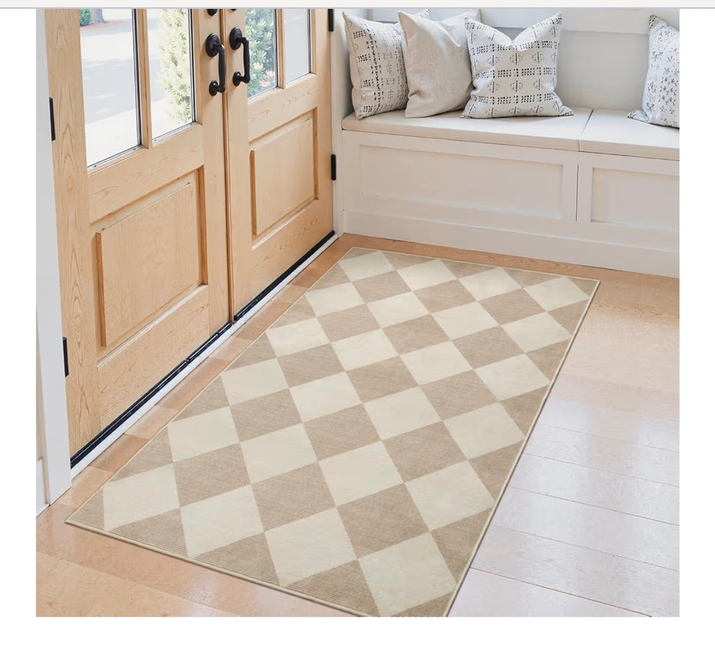 Checkered Print 3x5 Washable Area Rug for Bedroom, Non Slip Ultra Thin Beige Entryway Rug Non Shedding Kitchen Rug 3x5, Modern Checkerboard Carpet Plaid Decor for Bathroom Office Nursery