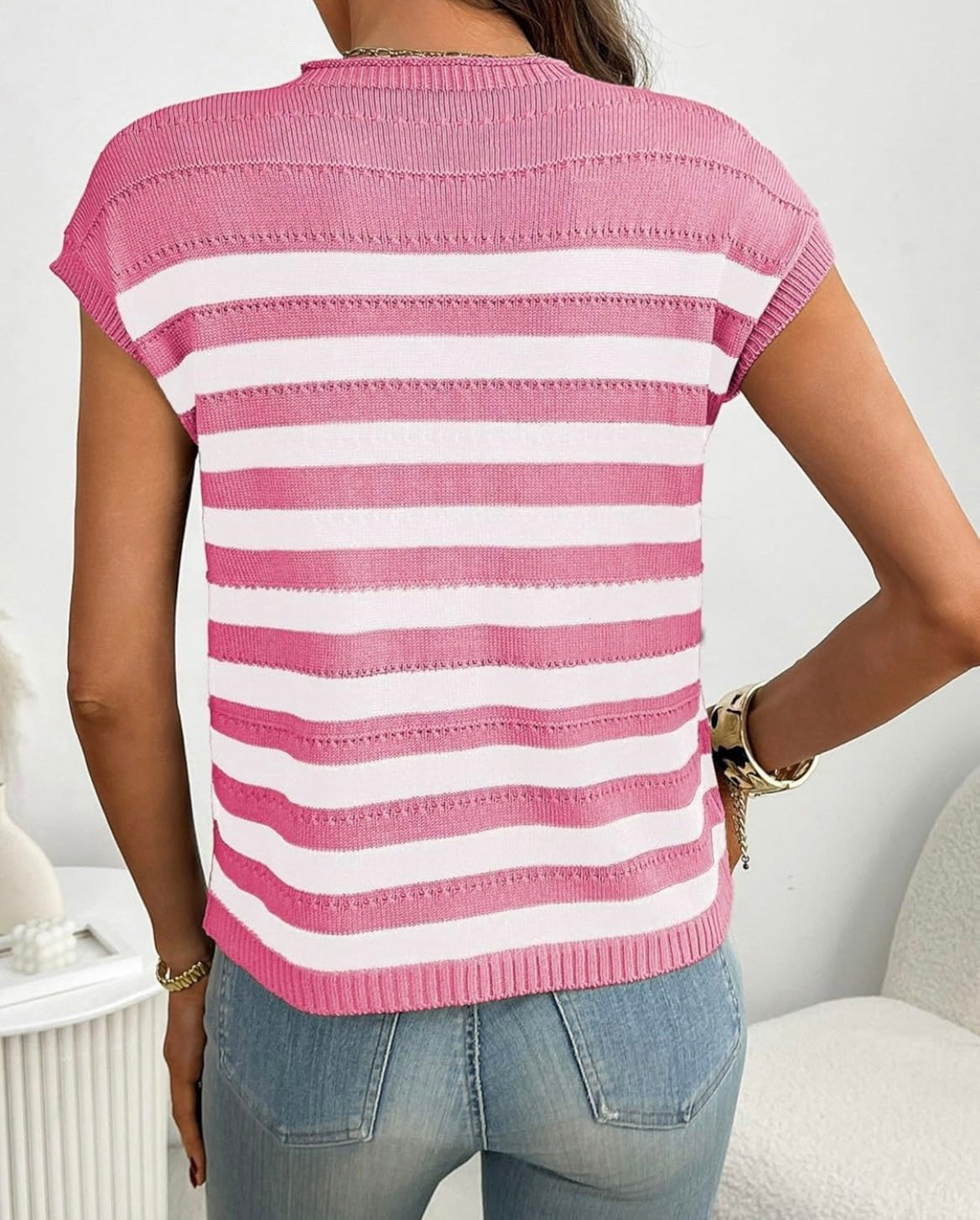 Women's Summer Striped Knit Blouse Cap Sleeve Crew Neck Sweater Tops with Pocket Casual Loose Dressy T Shirts Top