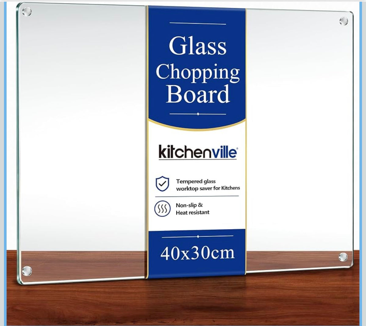 Kitchenville Glass Chopping Board 40x30cm : Tempered Glass Worktop Saver for Kitchens, Durable, Scratch-Resistant, Heat-Proof Cutting Board - Clear.