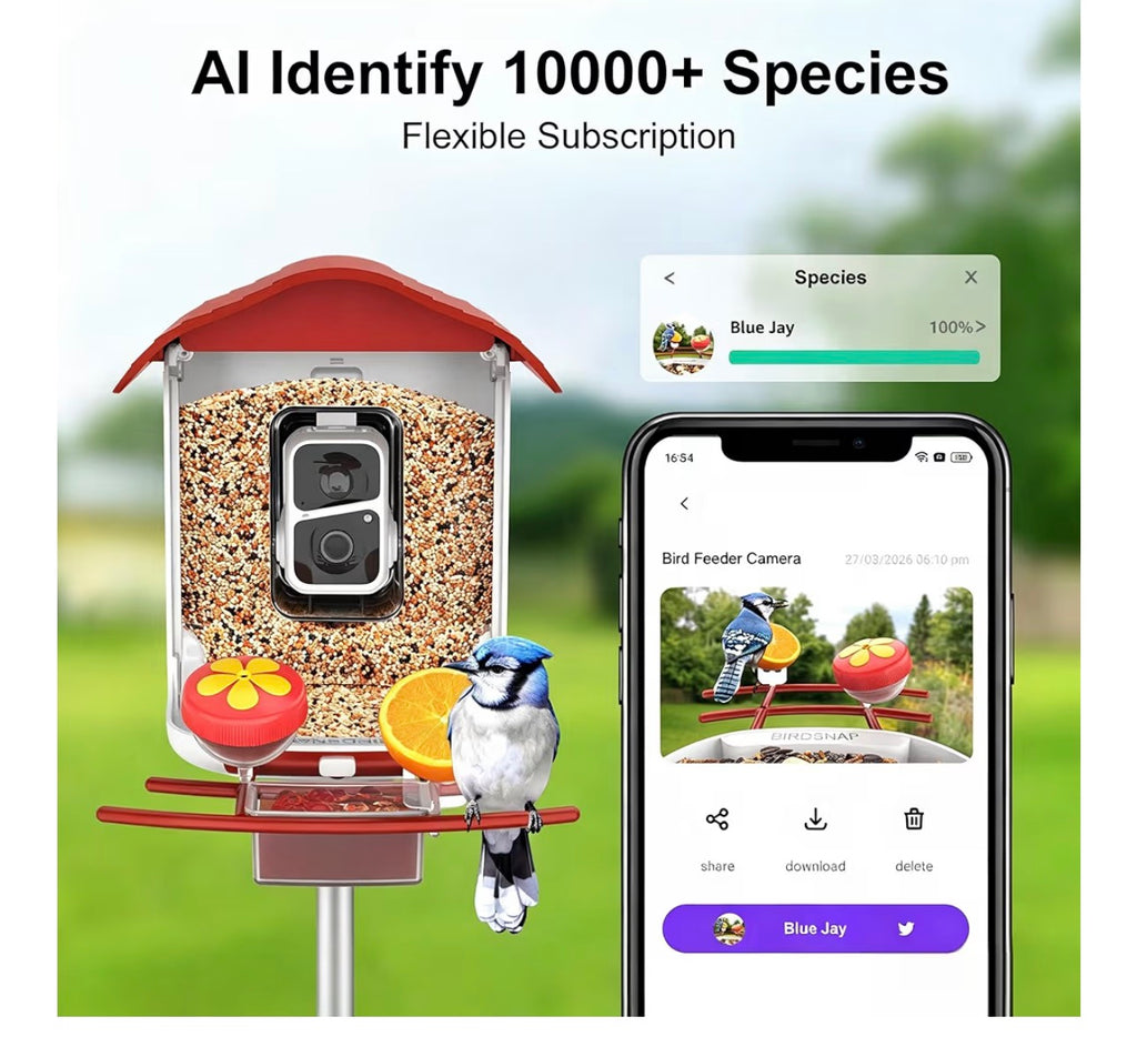 Birdsnap® PAV-Bird Feeder with Camera,2K HD with 64GB Card, AI Identify Smart Bird House Cam Solar Panel,Live Stream,Motion Detection,Auto Record Video for Backyard Outdoors,Ideal Gift for Bird Lover