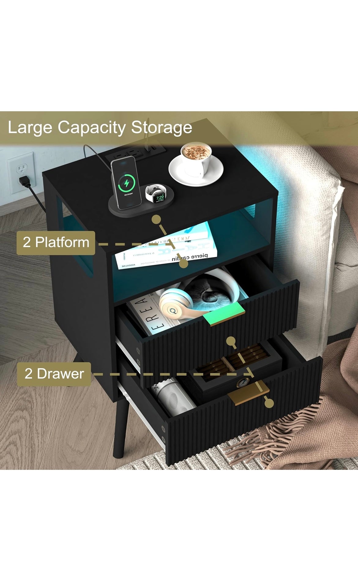 Black nightstand with charging station