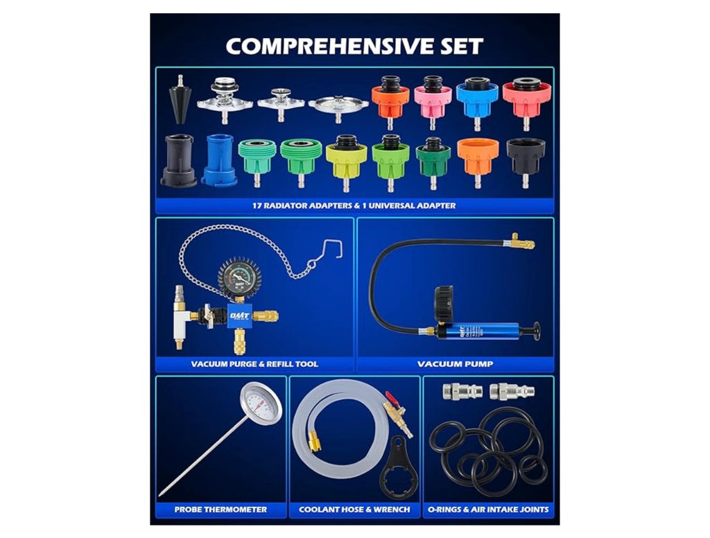 OMT 31-Piece Radiator Pressure Tester and Vacuum Filler Kit.