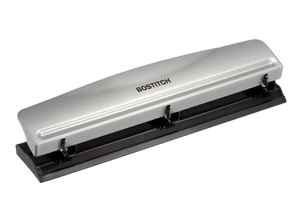Bostitch Office Premium 3 Hole Punch, 12 Sheet Capacity, Metal, Rubber Base, Easy-Clean Tray, Silver