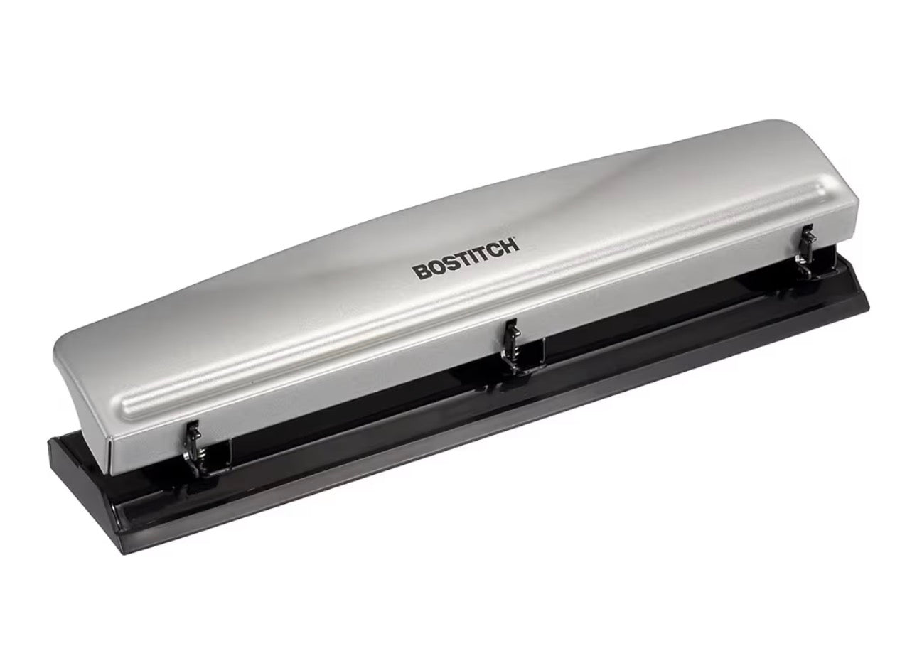 Bostitch Office Premium 3 Hole Punch, 12 Sheet Capacity, Metal, Rubber Base, Easy-Clean Tray, Silver