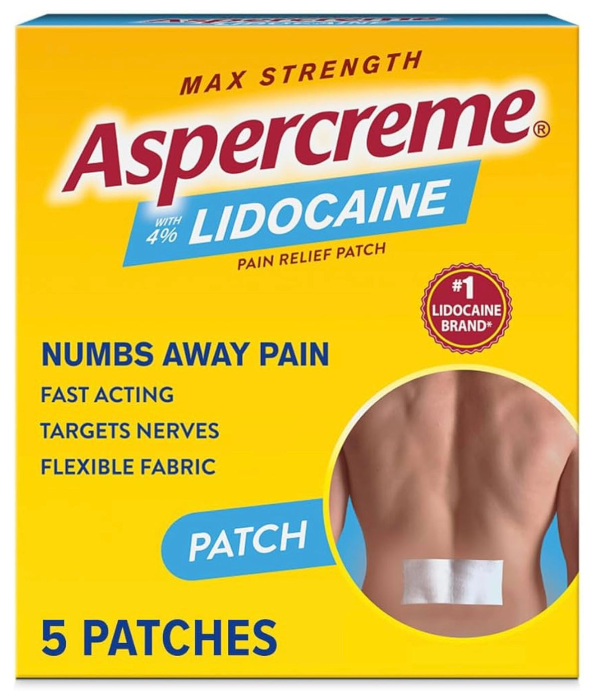 Aspercreme Max Strength Lidocaine Pain Relief Patch (5 Count) for Back Pain, Odor Free Pain Patches.