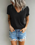 Womens Short Sleeve V Neck T Shirts Basic Pocketed Tee Summer Tops