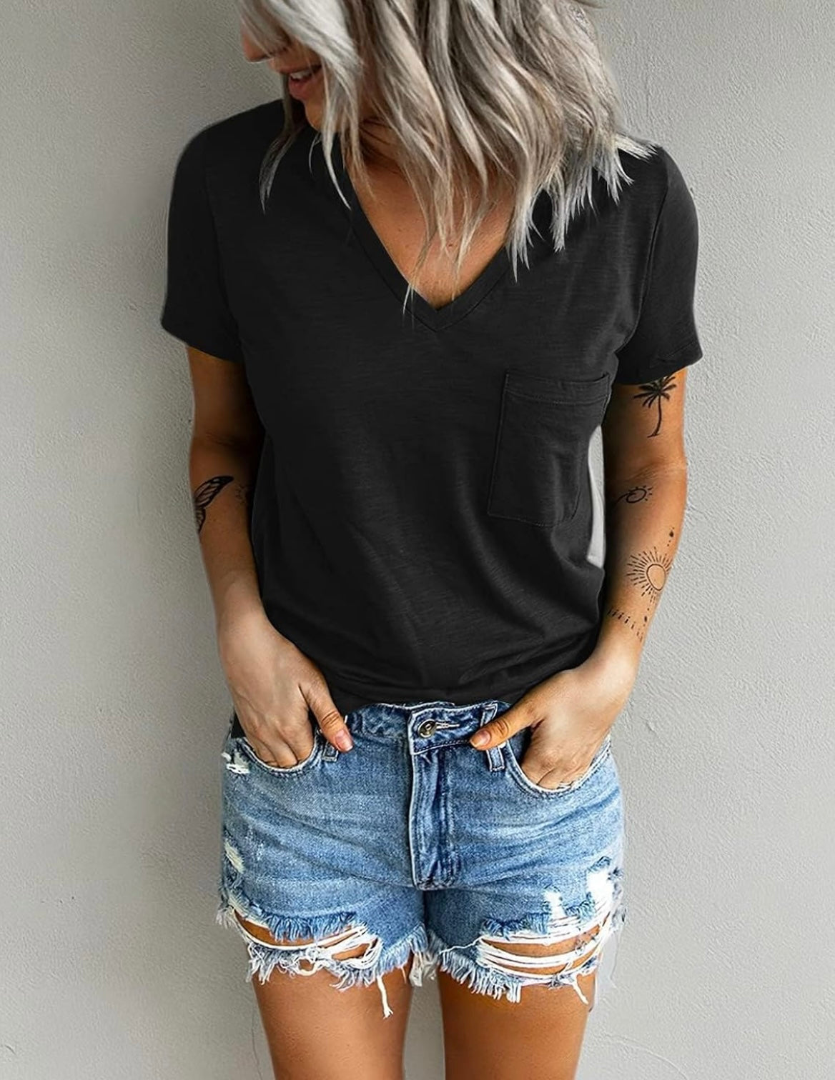 Womens Short Sleeve V Neck T Shirts Basic Pocketed Tee Summer Tops