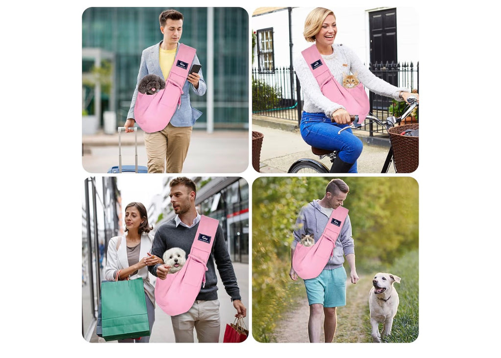 Dog and Cat Sling Carrier - Hands Free Reversible Pet Papoose Bag - Soft Pouch and Tote Design - Suitable for Puppy, Small Dogs Cats Outdoor (Pink, Unadjustable Strap)