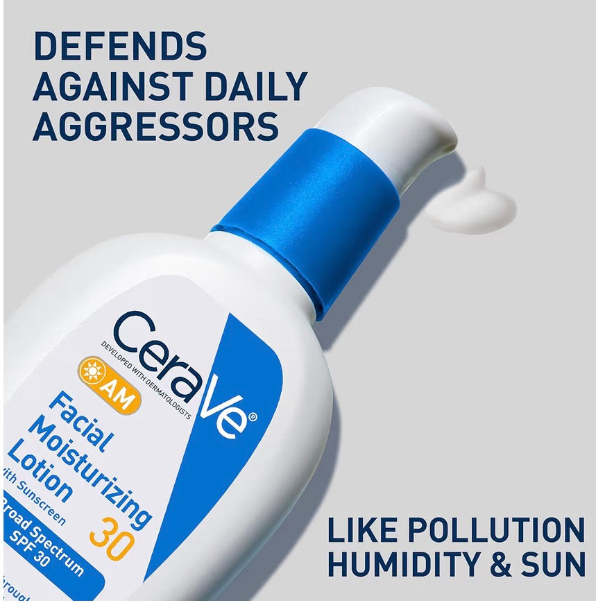 CeraVe AM Facial Moisturizing Lotion with SPF 30, Oil-Free Face Moisturizer with SPF, Formulated with Hyaluronic Acid, Niacinamide & Ceramides, Non-Comedogenic, Broad Spectrum Sunscreen, 3 Ounce