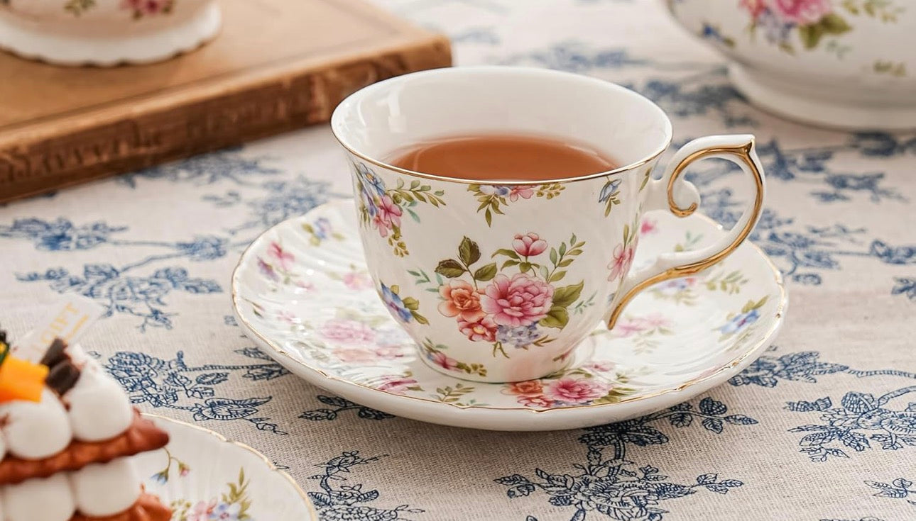 Tea cups and saucers ceramic coffee mug 6oz for Coffee, Latte, Cafe Mocha and Tea-Set of 4, white with flowers