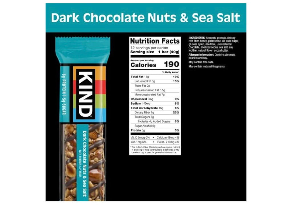 KIND Healthy Snacks Bars, Dark Chocolate Nuts & Sea Salt, Gluten Free, Low Sugar, High Fiber Snacks, 6g Protein, 12 Count. Best by May 2027.