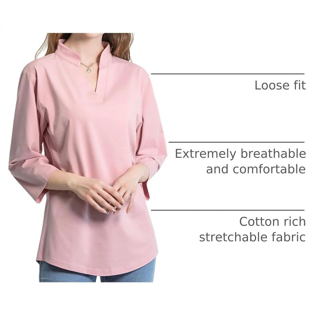 Tie G U Style Women's 3/4 Sleeve V Neck Stretch Loose Tunic Tops Casual Cotton Blouse Henley Collared Breathable Work Shirt