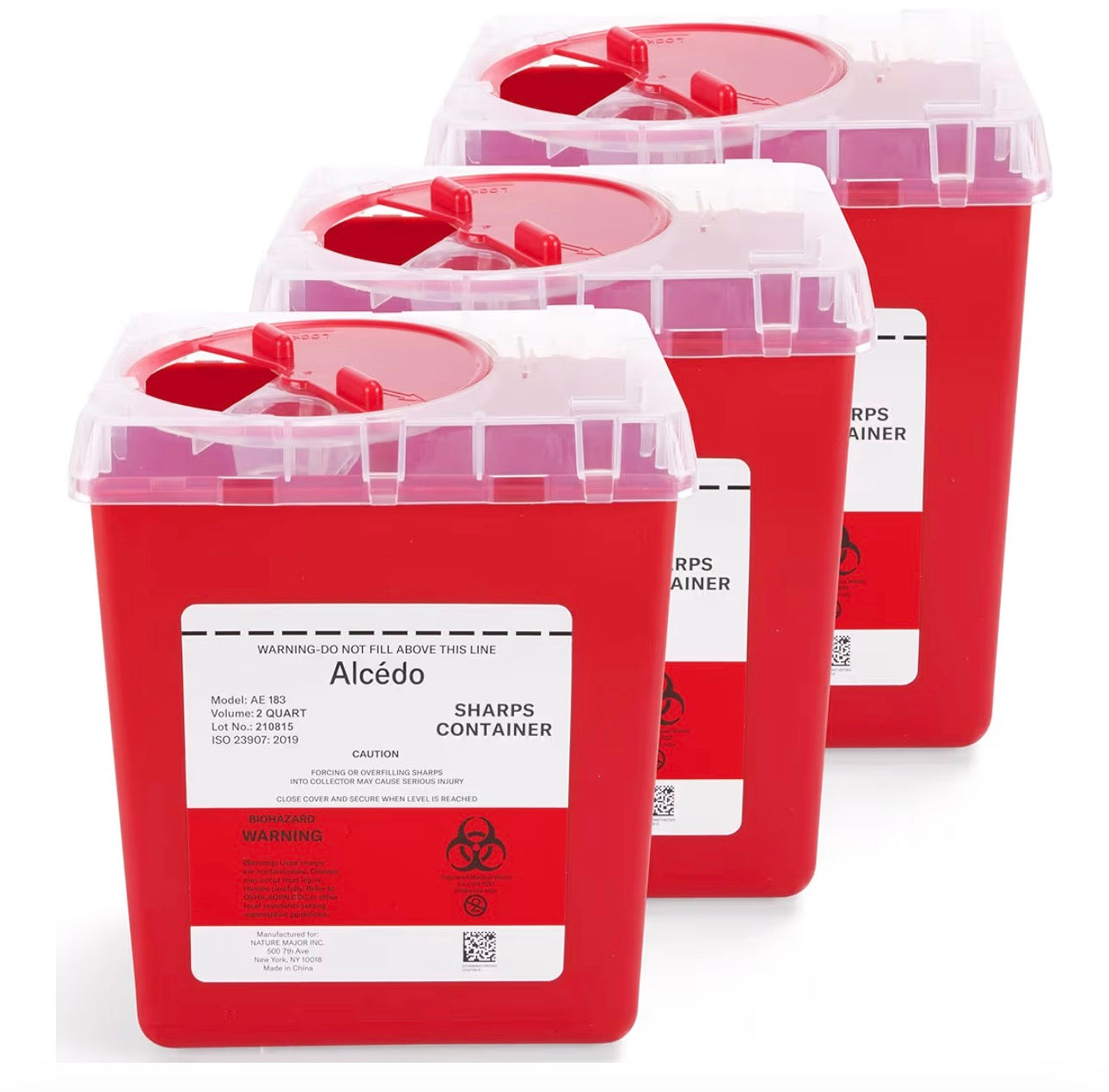Alcedo Sharps Container for Home and Professional Use 2 Quart (3-Pack), Biohazard Needle and Syringe Disposal, Medical Grade