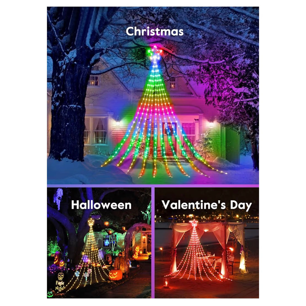 Outdoor Christmas Star String Lights, Smart RGB Waterfall Tree String Light with APP Remote Control, DIY Modes Dimmable Timer Music Sync Shooting Star Fairy Lights for Indoor Outdoor Garden Decoration