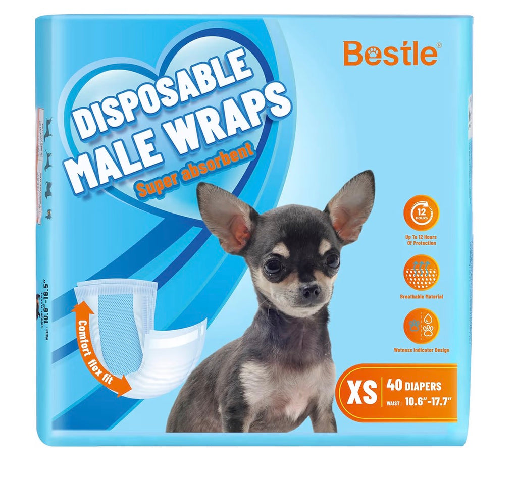 Bestle Male Dog Wrap, Disposable Dog Diapers, 40 Count, XS (Waist 10.6”-16.6”), Wetness Indicator, Ultra Protection, Leak Proof, Super Absorbent, Soft