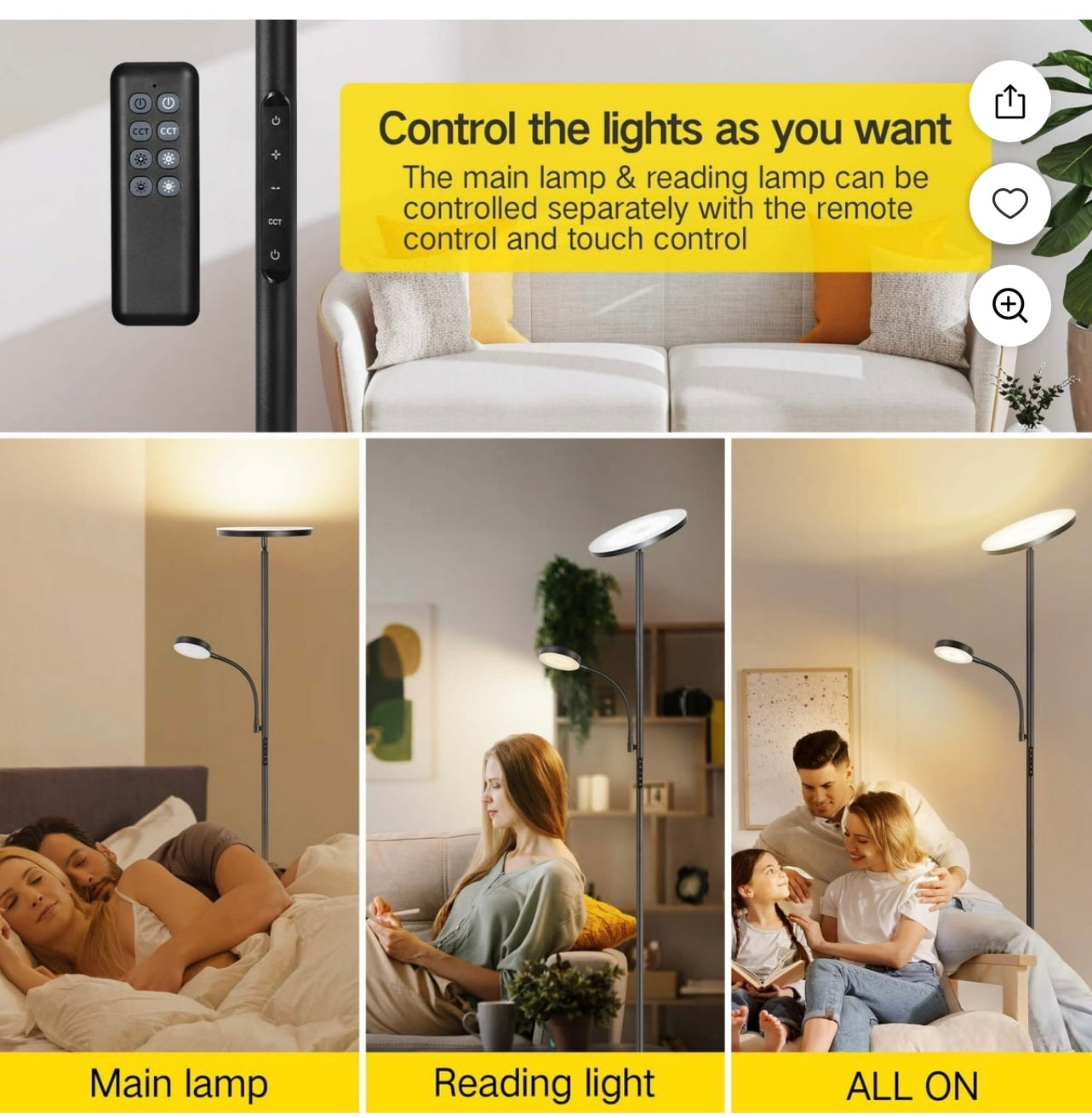LED Torchiere Floor Lamp With Reading Light.