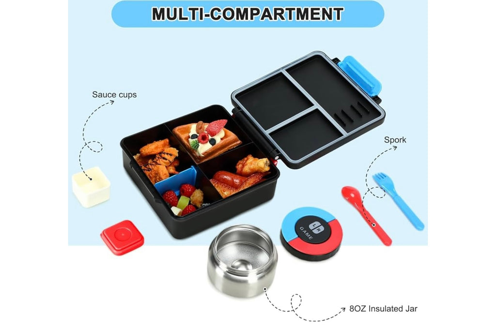 Game Bento Box for Kids, Lunch Box with Thermo(9oz Food Jar), Folding Spoon, Removable Divider & Sauce Cup, Lunch Box Kids for School,Travel, BPA-Free & Realistic Shape(Blue-Red)