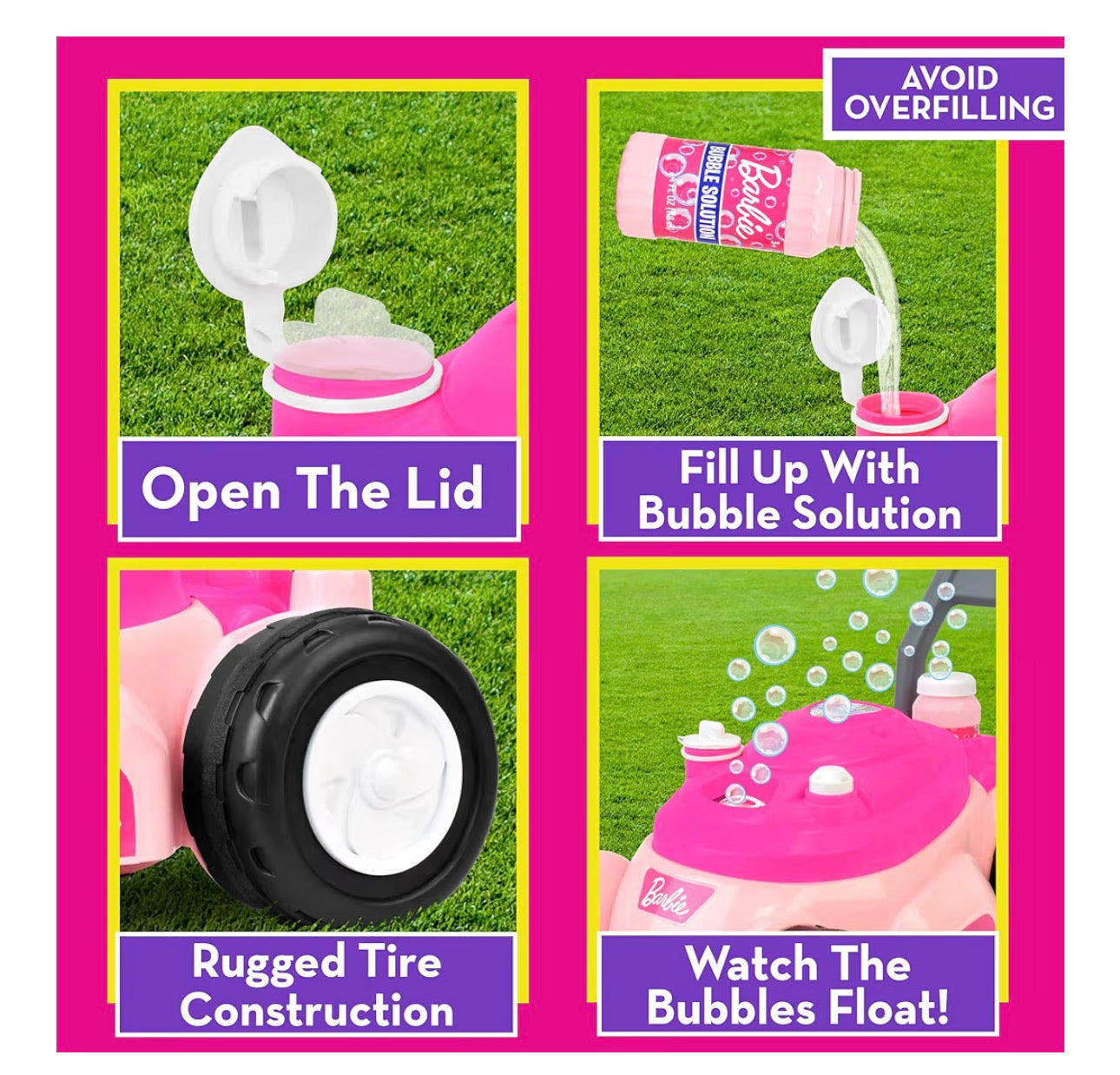 Barbie Bubble Lawn Mower for Toddlers, Bubble Blowing Machines, Indoor and Outdoor Gardening Toy, Birthday, Party Favor for Preschool Girls, No Batteries Required, Includes Bubble Solution, 2+