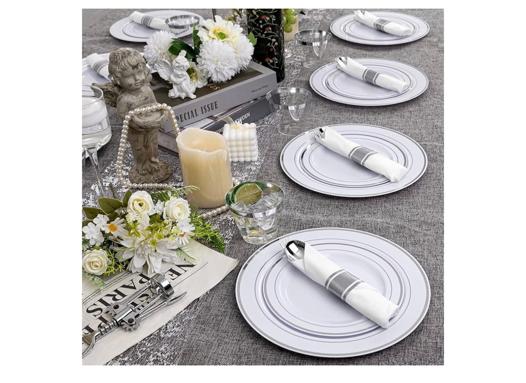 Wellife 350-Piece Silver Plastic Dinnerware Set. Disposable 10.25” dinner plates, 7.5” dessert plates and 9 oz silver Rim Cups.