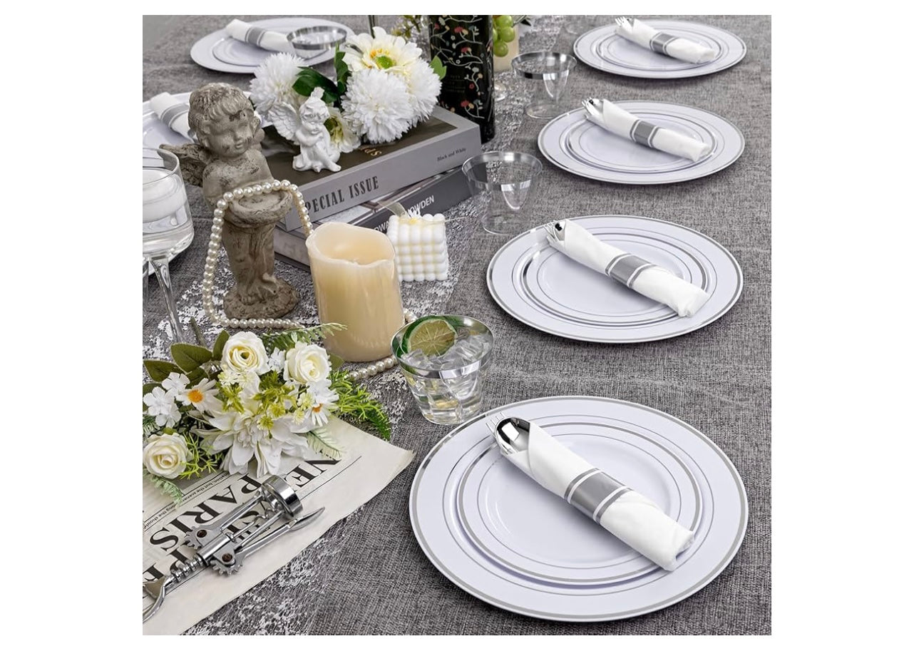 Wellife 350-Piece Silver Plastic Dinnerware Set. Disposable 10.25” dinner plates, 7.5” dessert plates and 9 oz silver Rim Cups.