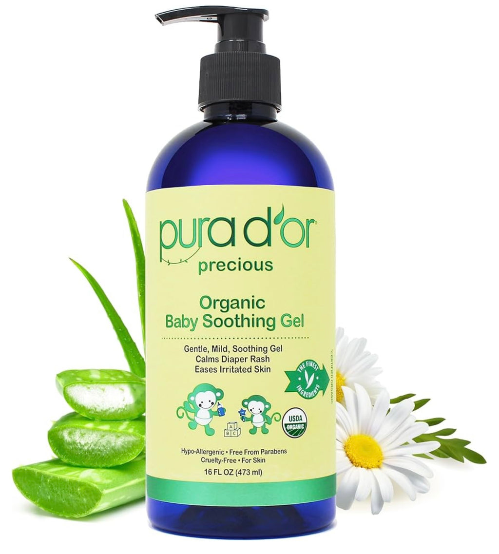 PURA D'OR 16 Oz ORGANIC Baby Soothing Gel For Sensitive Skin - Diaper Rash & Irritation Relief with Aloe Vera, Tamanu Oil, Chamomile, Jojoba, & Almond Oil