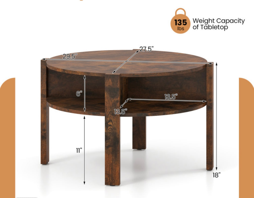 29.5 Inch Round Coffee Table With Storage Shelves For Small Space. Assembly Required.