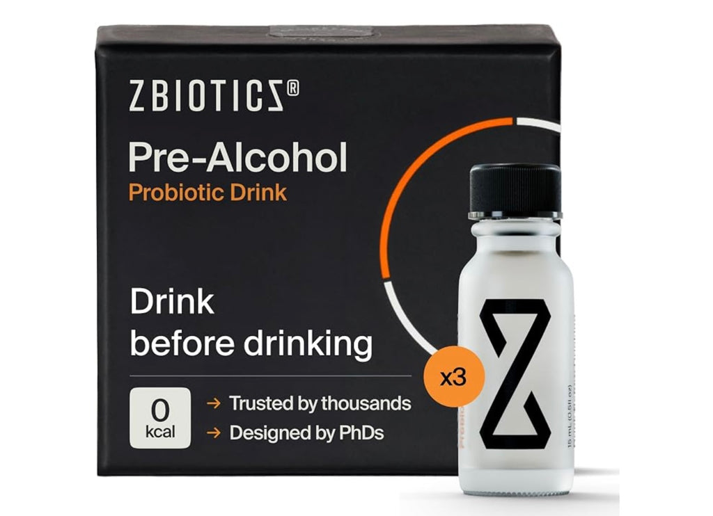 ZBiotics Pre-Alcohol Probiotic — Drink Responsibly, for an Easier Tomorrow. Best by 12/2027.