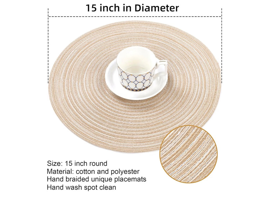 Round Placemats Set of 6 Cotton Polyester Braided Place Mats 15 inch Heat Resistant Washable Table Mats for Kitchen Dining Party Natural Table Decor (Beige, 6)