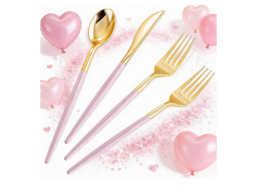SUT 160pcs Gold and Pink Plastic Silverware.