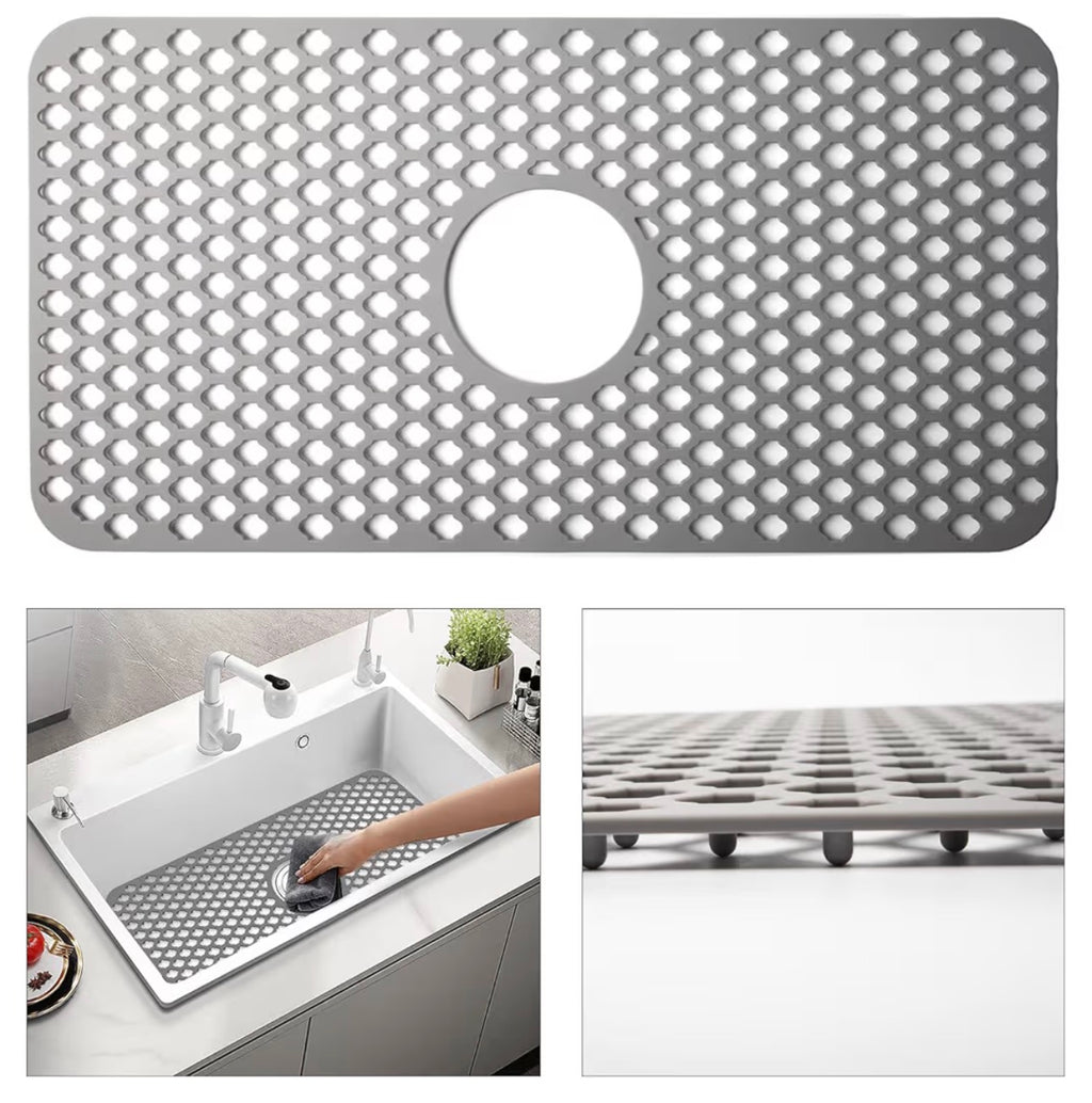Silicone Sink Mat, 24.6''x 12.9'' Kitchen Sink Protector Grid for Bottom of Center Drain Sink, Gray Non-slip Heat Resistant Liner for Farmhouse Stainless Steel Porcelain Sink
