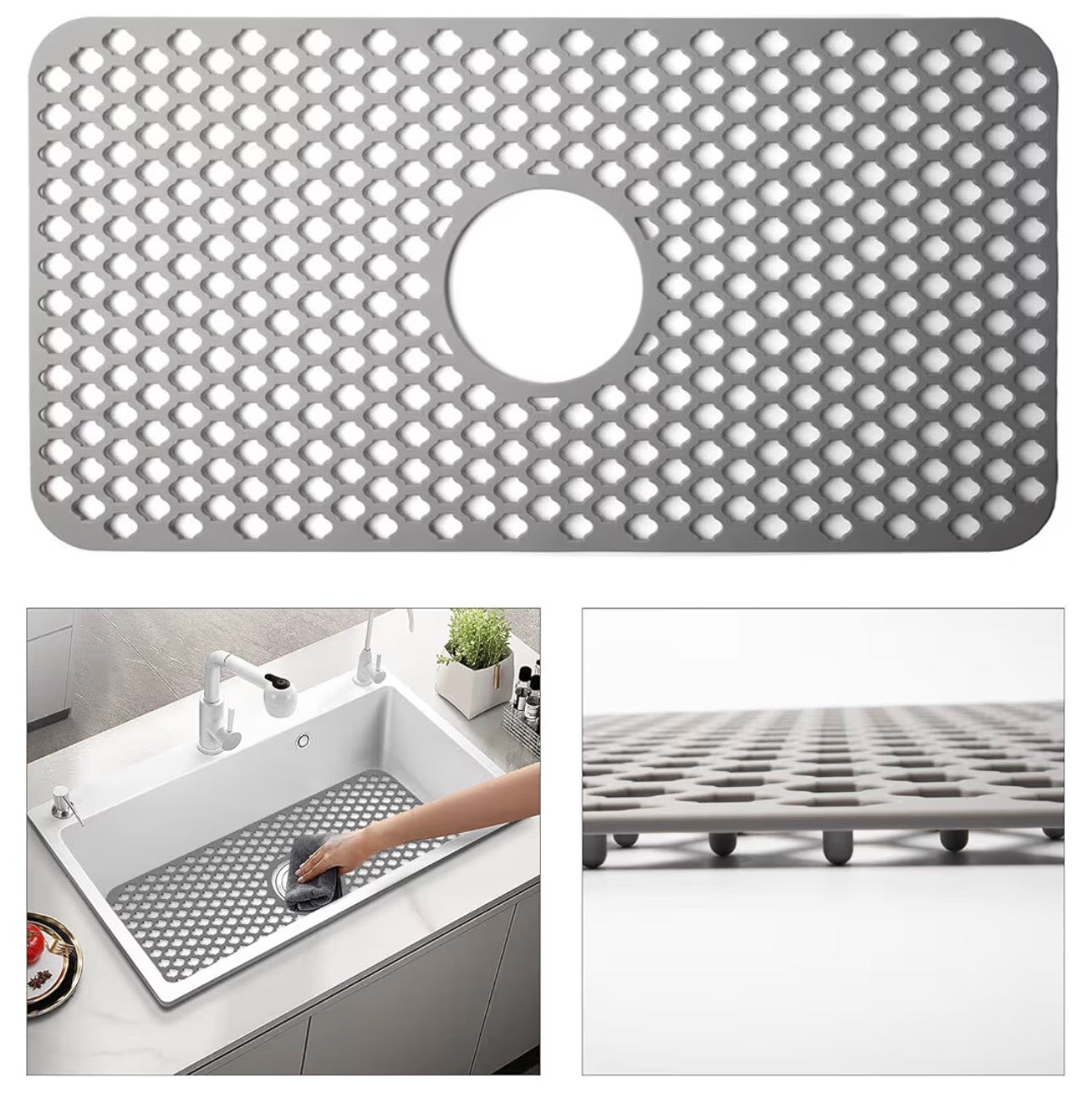 Silicone Sink Mat, 24.6''x 12.9'' Kitchen Sink Protector Grid for Bottom of Center Drain Sink, Gray Non-slip Heat Resistant Liner for Farmhouse Stainless Steel Porcelain Sink