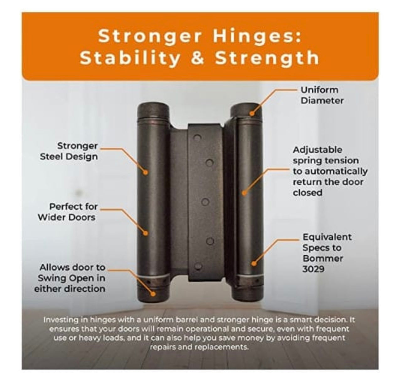 6” Double Action Spring Hinge, Saloon Door Hinge, and Swinging Cafe Door.