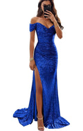 Prom Dress for Women Long Off Shoulder Sparkly Bridesmaid Dresses Slit Formal Gown