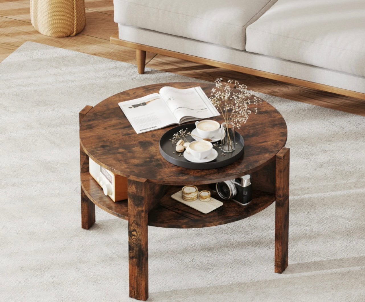 29.5 Inch Round Coffee Table With Storage Shelves For Small Space. Assembly Required.