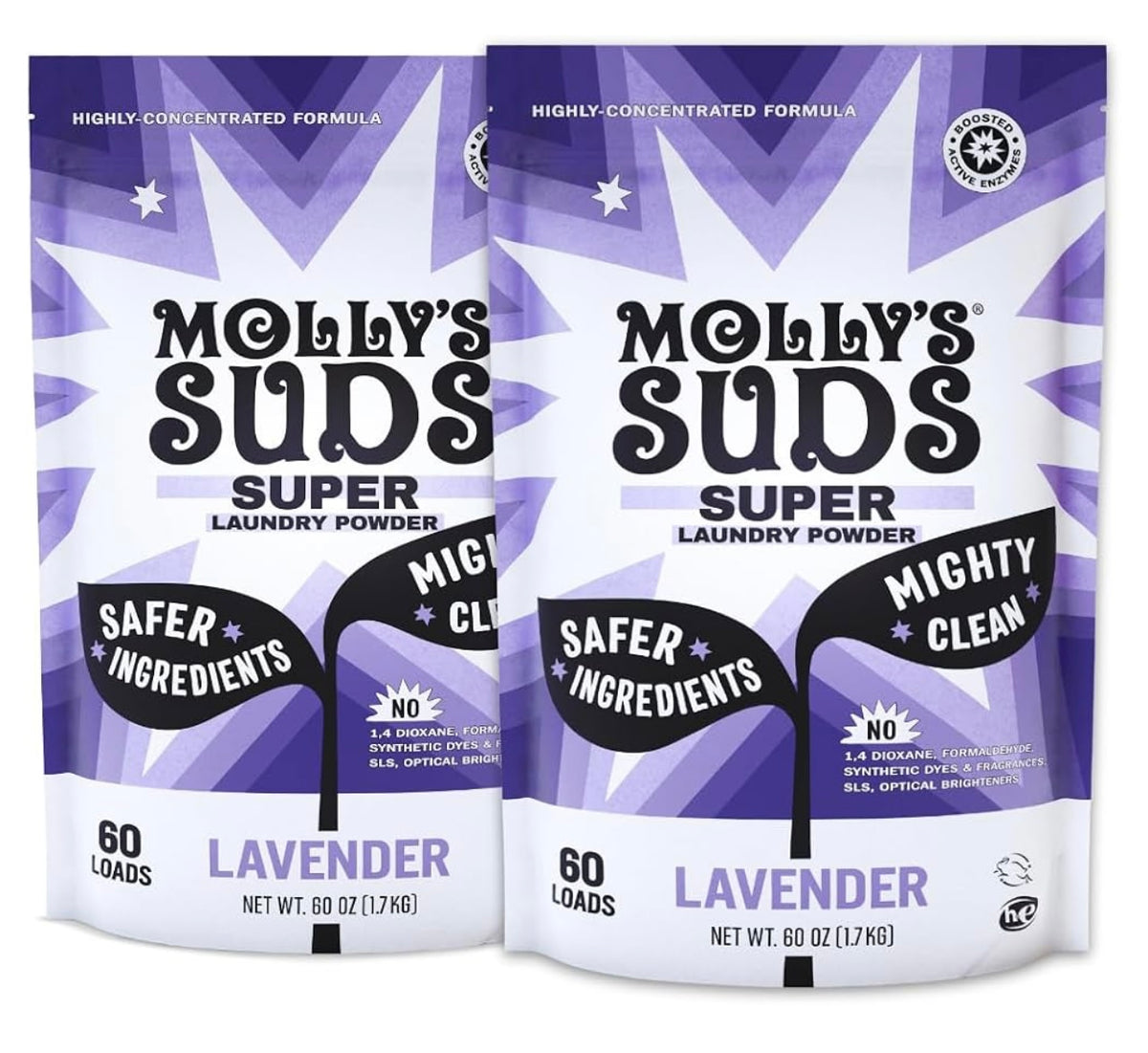 Molly's Suds Super Powder Detergent | Extra Strength Laundry Soap, Stain Fighting | Sensitive Skin | Simple, Effective Ingredients | 120 Loads - Lavender. Set of 1.