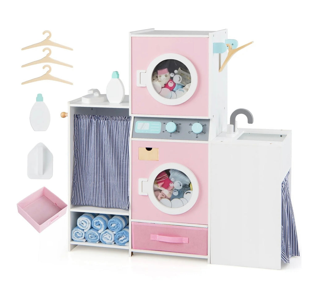Wooden Kids Laundry Playset with Laundry Detergent Bottle and Clothes Hangers. Assembly Required.