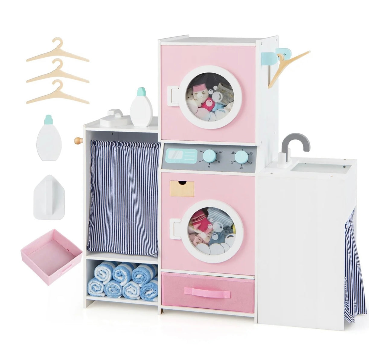 Wooden Kids Laundry Playset with Laundry Detergent Bottle and Clothes Hangers. Assembly Required.